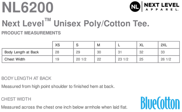 Size chart for a NL6200 Next Level Blend Crew Tee