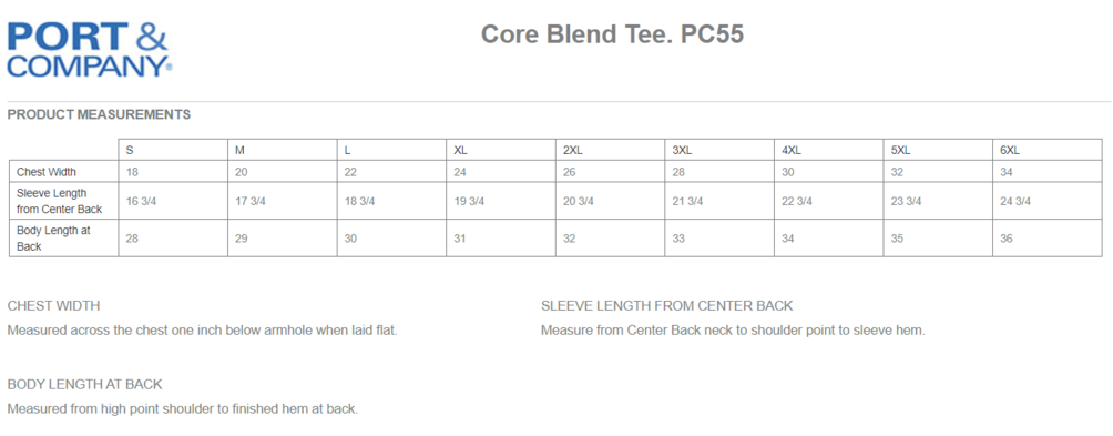 Size chart for a PC55 Port & Company Core Blend Tee
