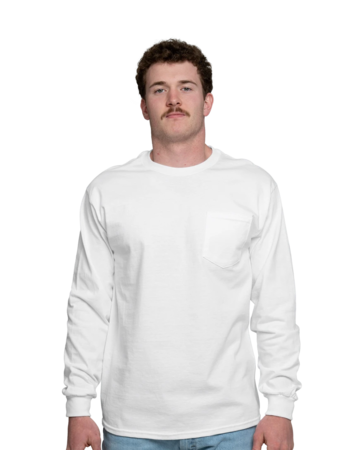 Model wearing a 2410 Gildan Ultra Cotton Long Sleeve Pocket Tee