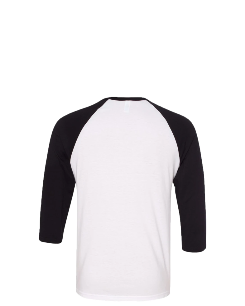 Image of a model wearing a 3200 Bella + Canvas Unisex Three-Quarter Sleeve Baseball T-Shirt