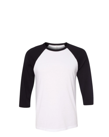 Model wearing a 3200 Bella + Canvas Unisex Three-Quarter Sleeve Baseball T-Shirt