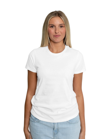 Model wearing a 5000L Gildan Ladies Heavy Cotton Tee