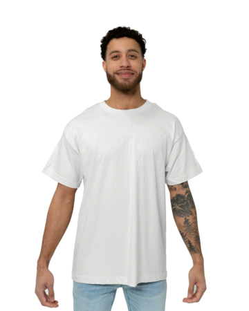 Model wearing a 5180 Hanes Beefy-T