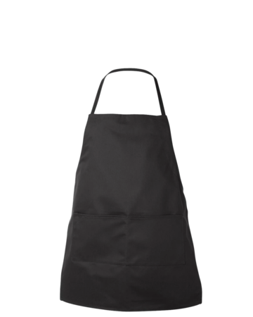 Model wearing a 5502 Liberty Bags Adjustable Neck Loop Full-Length Apron with Pockets