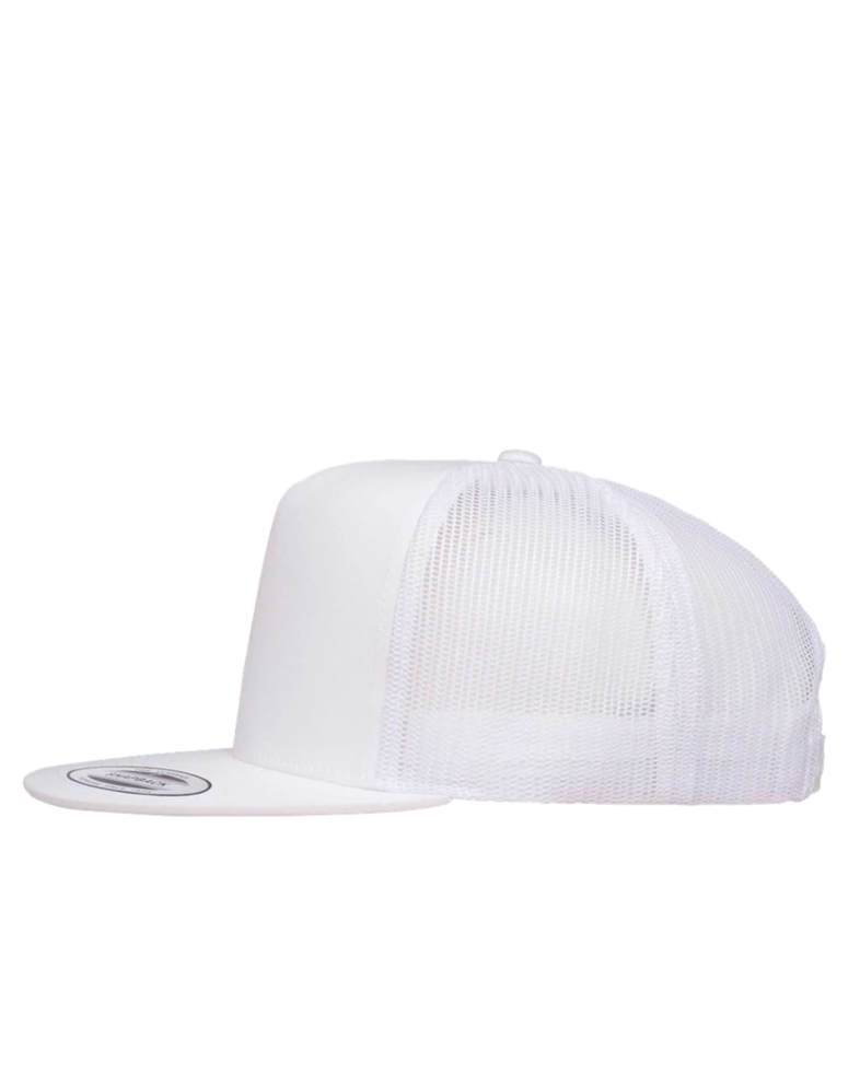 Image of a model wearing a 6006 YP Classics Five-Panel Classic Trucker Cap