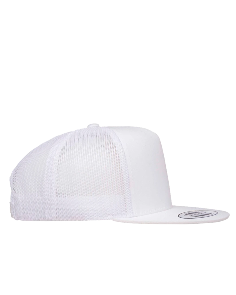 Image of a model wearing a 6006 YP Classics Five-Panel Classic Trucker Cap