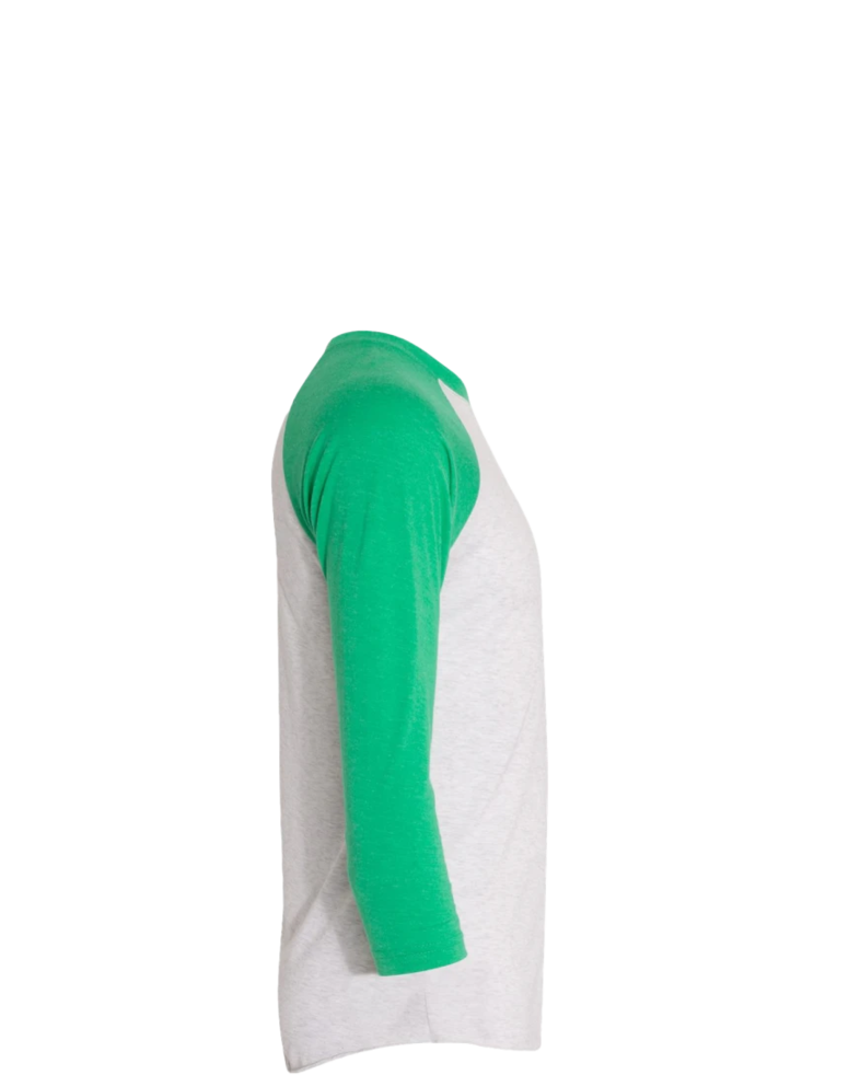 Image of a model wearing a 6051 Next Level Unisex Tri-Blend Three-Quarter Sleeve Baseball Raglan Tee