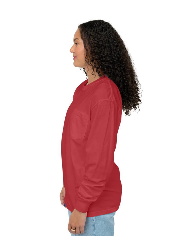Image of a model wearing a CC4410 Comfort Colors Long Sleeve Pocket T-shirt