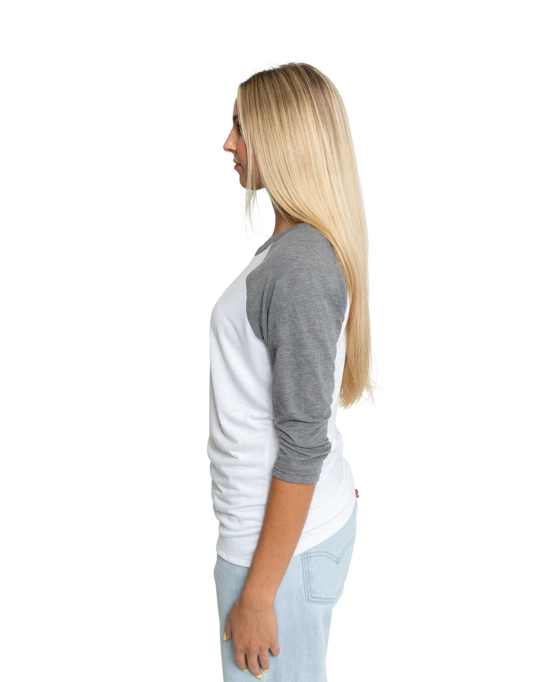 Image of a model wearing a DM136L District Ladies Tri-Blend Baseball Raglan