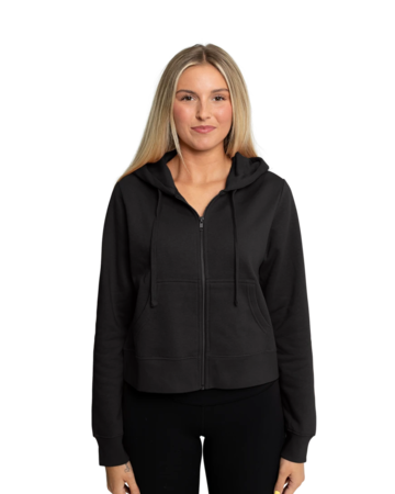 Model wearing a DT6103 District® Women’s V.I.T.™ Fleece Full-Zip Hoodie