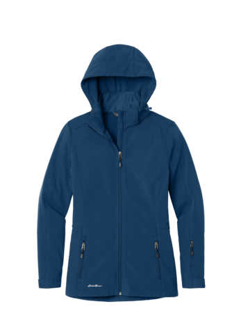 Model wearing a EB537 Eddie Bauer Ladies Hooded Soft Shell Parka