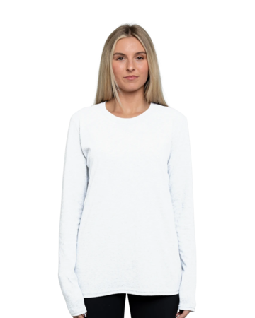 Model wearing a LPC54LS Port & Company Ladies Long Sleeve Core Cotton T-Shirt