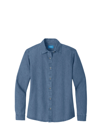 Model wearing a LSP10 Port & Company Ladies Long Sleeve Value Denim