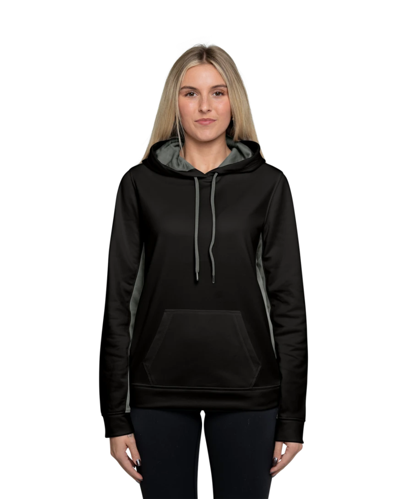 Image of a model wearing a LST235 Sport-Tek Ladies Sport-Wick Fleece Colorblock Hooded Pullover