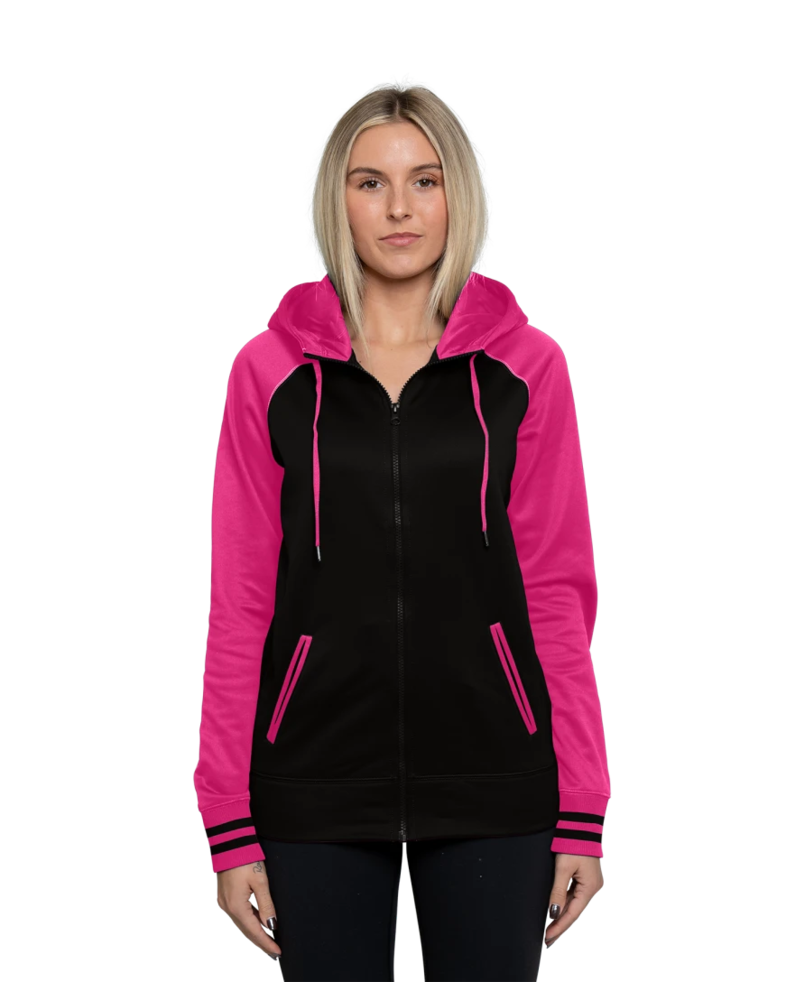 Image of a model wearing a LST236 Sport-Tek Ladies Sport-Wick Varsity Fleece Full-Zip Hooded Jacket