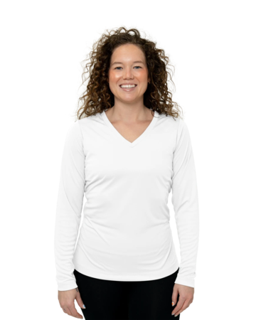 Model wearing a LST353LS Sport-Tek Ladies Long Sleeve V-Neck PosiCharge Competitor Tee