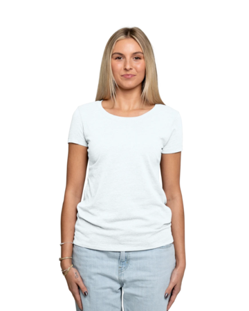 Model wearing a Next Level 1510 Ladies Ideal Crew T-Shirt