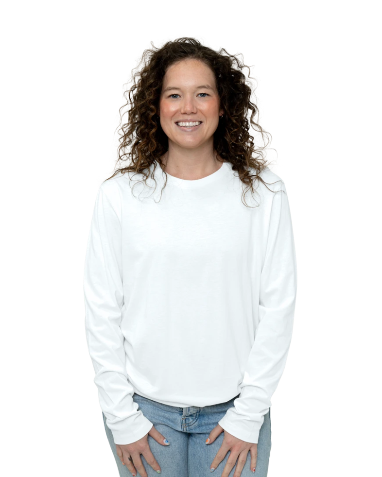 Image of a model wearing a NL3601 Next Level Premium Fitted Long Sleeve Crew Tee