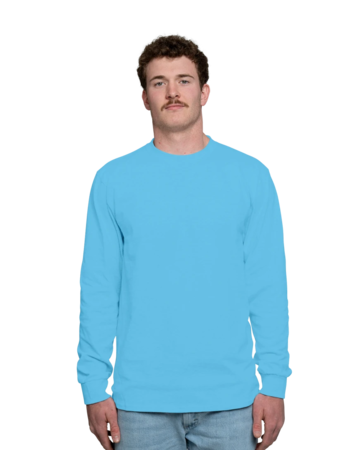 Model wearing a PC54LS Port & Company Long Sleeve Core Cotton Tee