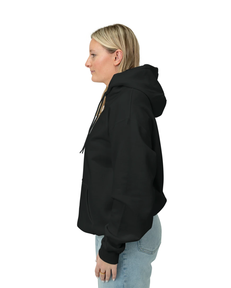 Image of a model wearing a PC90H Port & Company Essential Fleece Pullover Hooded Sweatshirt
