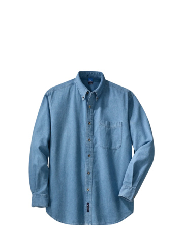 Model wearing a SP10 Port & Company Long Sleeve Value Denim