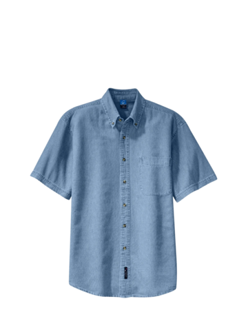 Model wearing a SP11 Port & Company Short Sleeve Value Denim