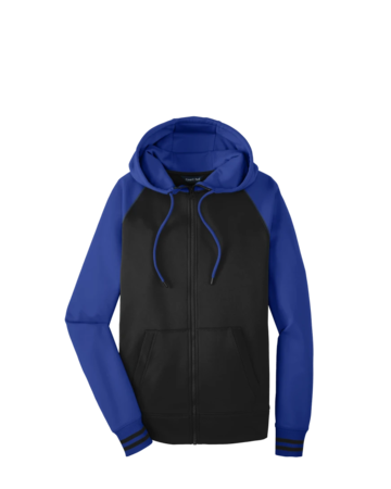 Model wearing a ST236 Sport-Tek Sport-Wick Varsity Fleece Full-Zip Hooded Jacket