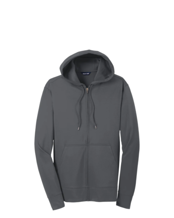 Model wearing a ST238 Sport-Tek Sport-Wick Fleece Full-Zip Hooded Jacket